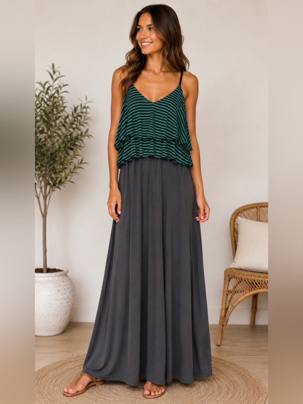 I’m In Love With Derek Maxi Dress Size L Gray & Teal Ruffle Boho